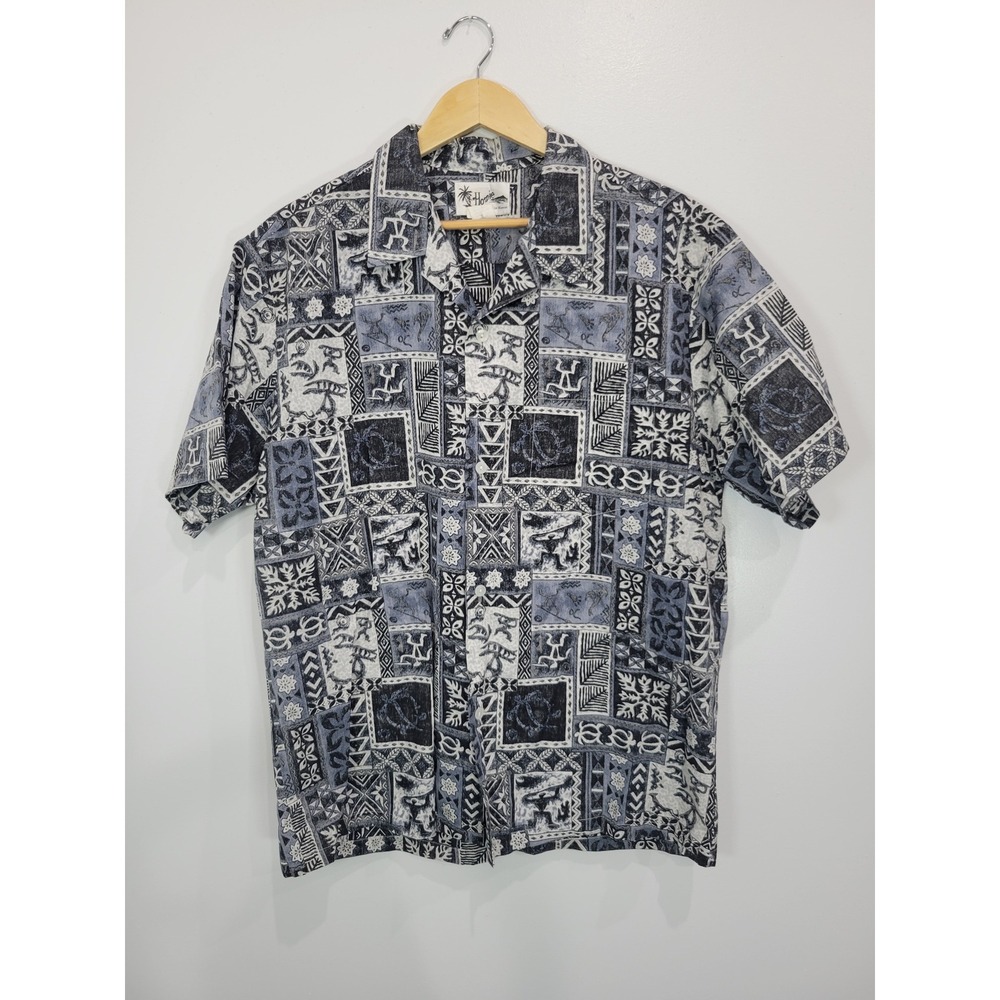 Howie Made in Hawaii Mens XL Aloha Shirt Camp‎ Short Sleeve Gray Black